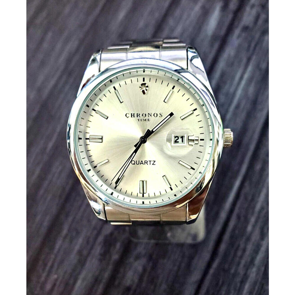 Chronos Men's Date Watch Silver Burst Diamond Dial 90's‎